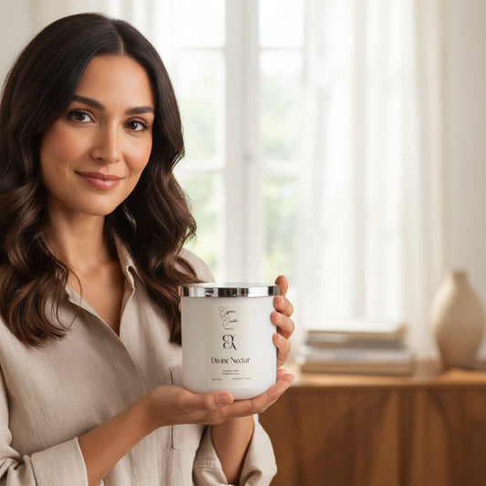 Divine Nectar Luxury Scented Candle by Cyprus Candles white jar with silver lid held by brunette woman in casual beige shirt smiling in bright cozy home interior with window light and books