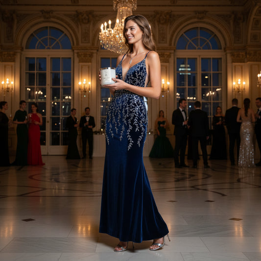 Divine Nectar Luxury Scented Candle by Cyprus Candles white jar in elegant model hand hold, brunette woman in sparkling navy blue sequin velvet evening gown at glamorous ballroom gala event with chandeliers and crowd